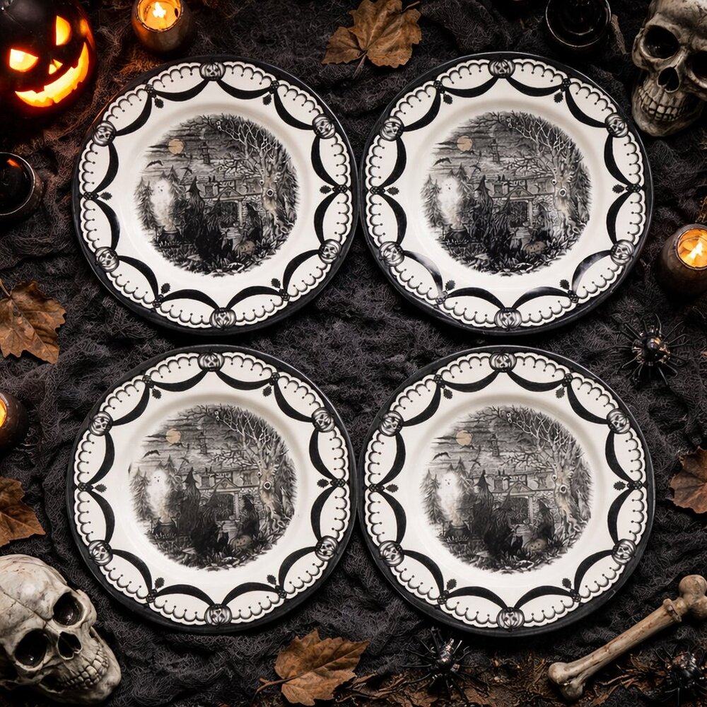 ROYAL STAFFORD COVEN HALLOWEEN 4 DINNER Plates Witches Ghost Haunted House 11"